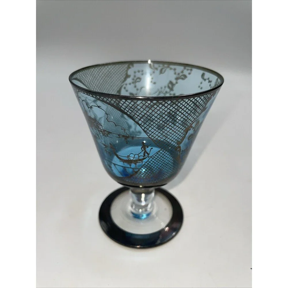 Cobalt Blue 6 wine cocktail stems inlaid sterling man in Asian scene flowers 4”
